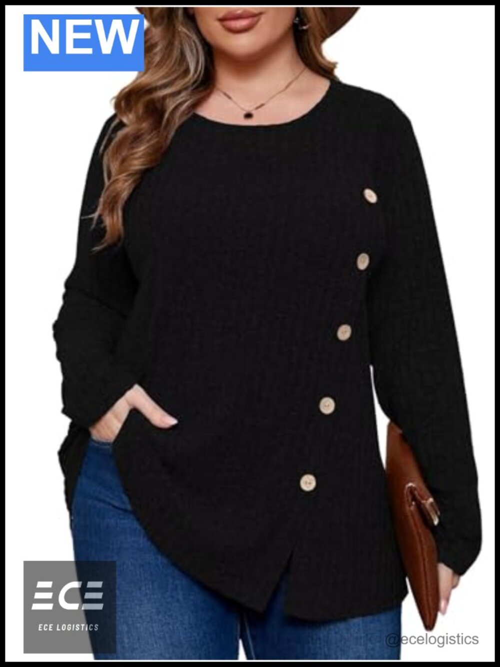 Plus Size Tunic Sweater Crew Neck Button Decor Long Sleeve Fall Winter Top